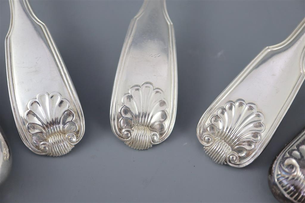 A matched part canteen of George III and later silver fiddle thread and shell pattern cutlery, weighable silver 139.5oz.